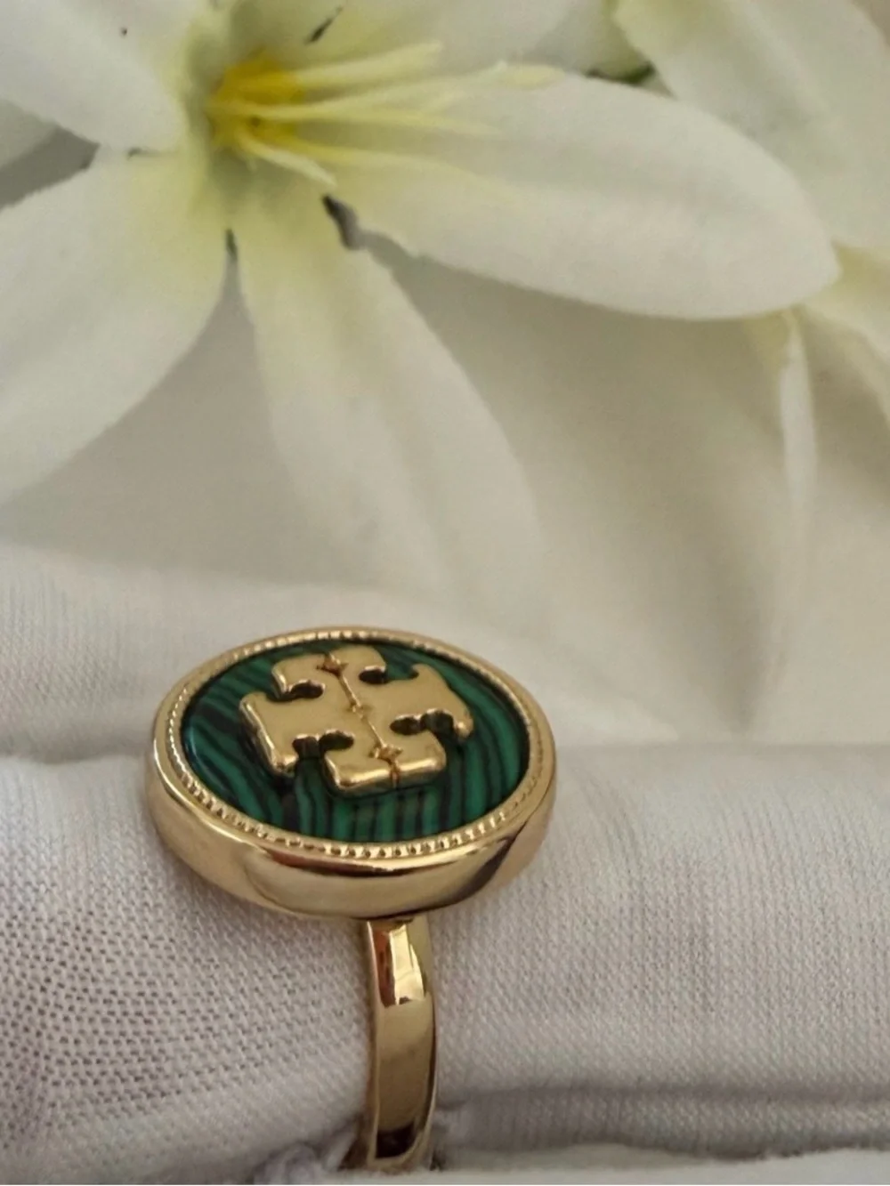 Tory Burch Gold-Tone Ring Malachite Semiprecious Stone Logo Sz 8
